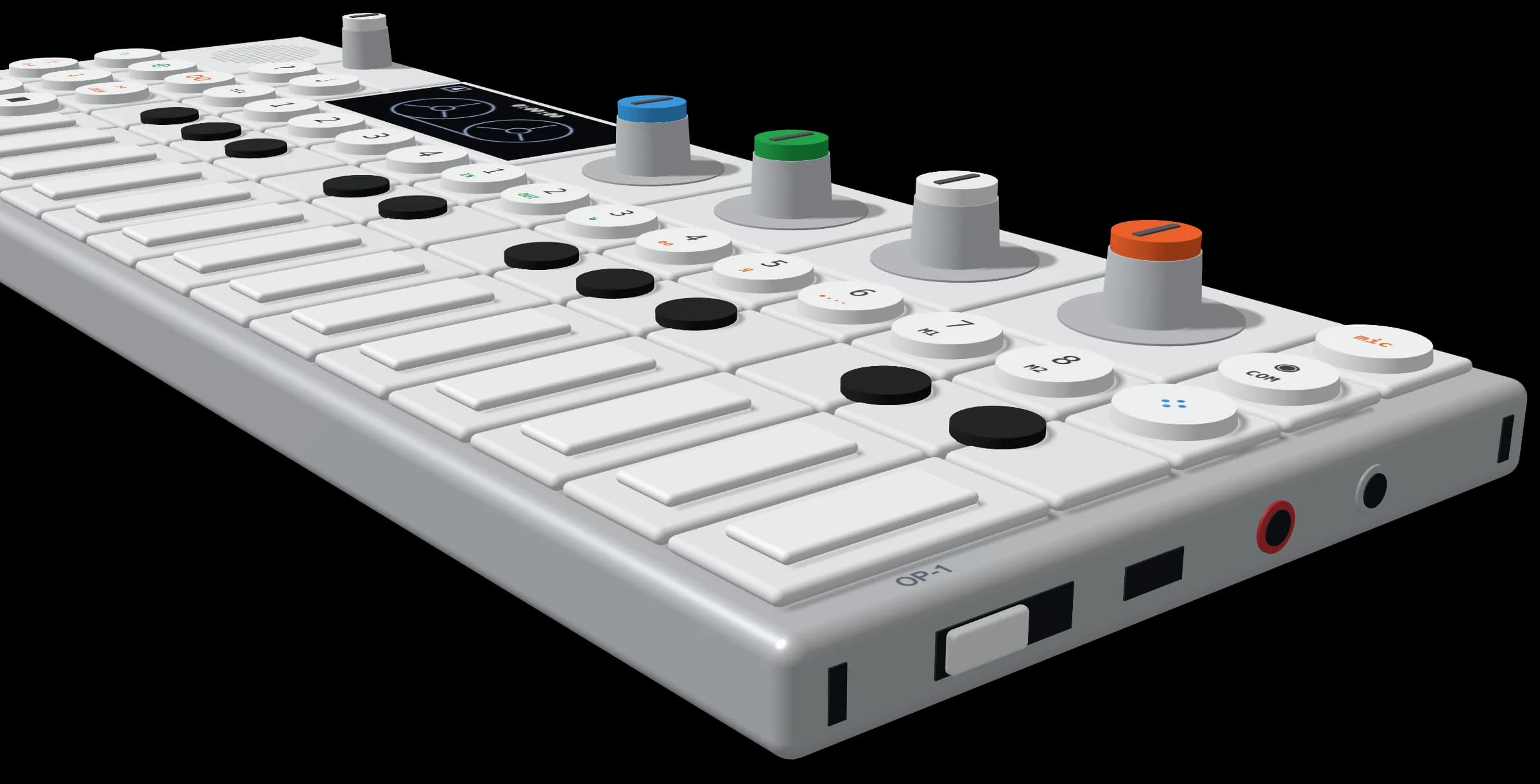 The right-hand end of the 3D OP-1: power switch, mini USB, the red line-in jack and the grey headphone jack