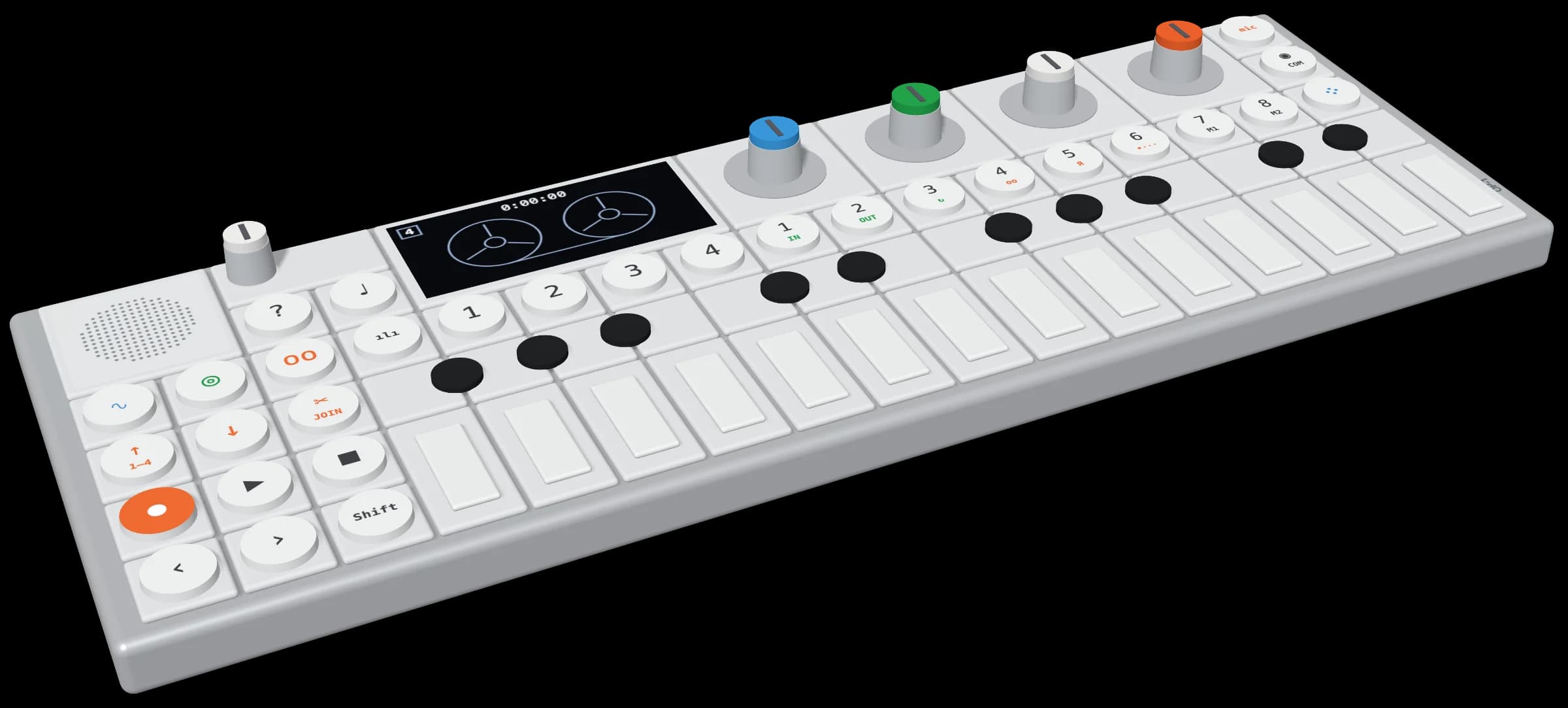 The app's 3D OP-1, seen from the front left: speaker, volume knob, screen, the four encoders and the keyboard