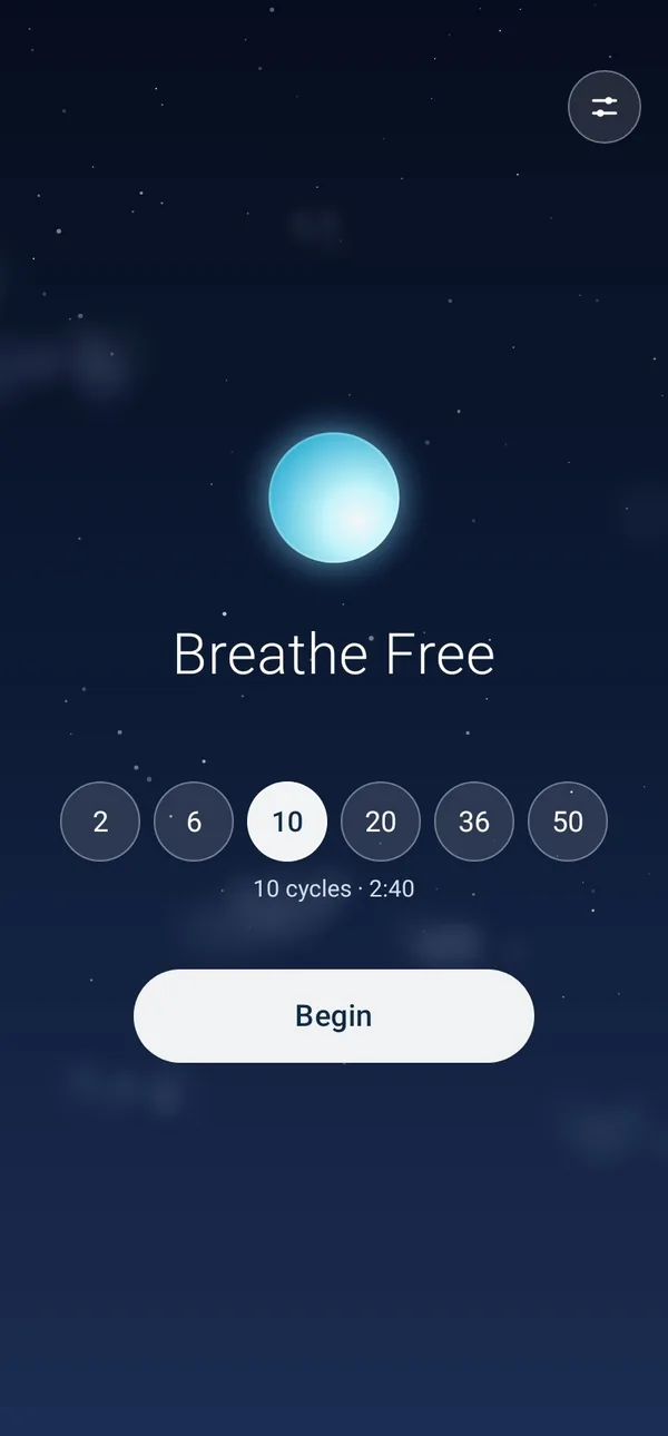 Session length open on the phone, with choices from 2 to 50 cycles