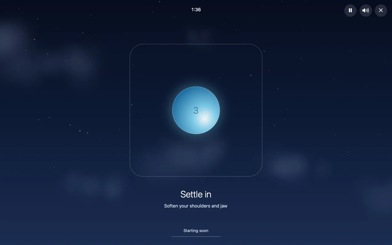 The session's opening moment: a small orb in a box, with the words Settle in